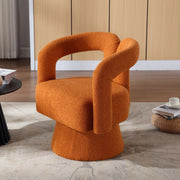 Poltrona girevole 360° in bouclé arancione con base in metallo, seduta imbottita e struttura robusta