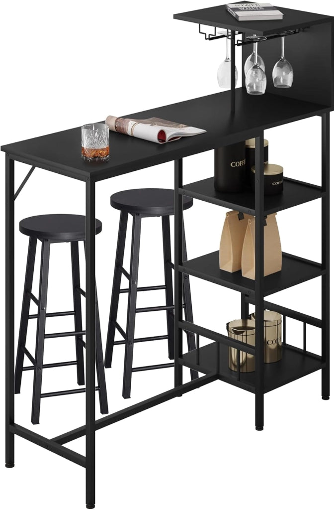 Set 3 Pezzi Tavolo da Bar con 2 Sgabelli Alti, Tavolo da Cucina con 4 Ripiani e 2 Portabicchieri da Vino, Mobile da Bar per Casa, Soggiorno, Ufficio, in Truciolato e Metallo, Nero
