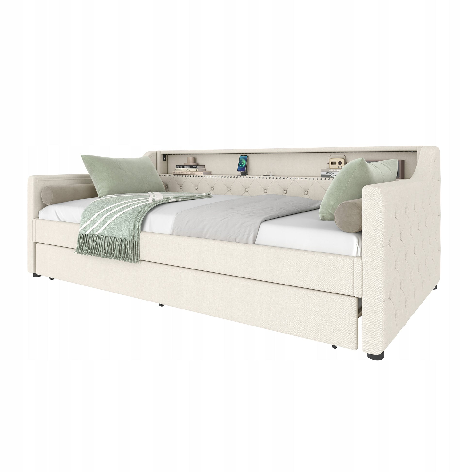 Letto a giorno 90x200 - Xylo - LED, USB, lino, beige