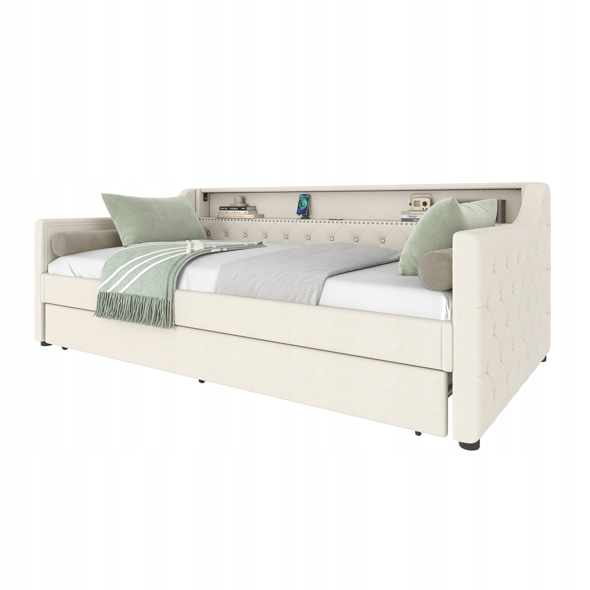 Letto a giorno 90x200 - Xylo - LED, USB, lino, beige