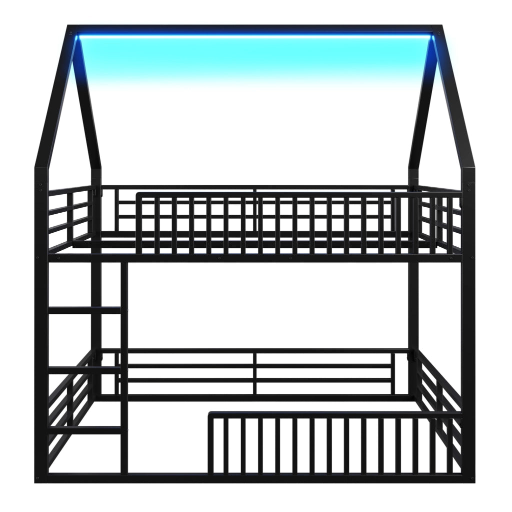 Letto a castello a forma di casa 140x200 con ringhiera e luci LED, nero