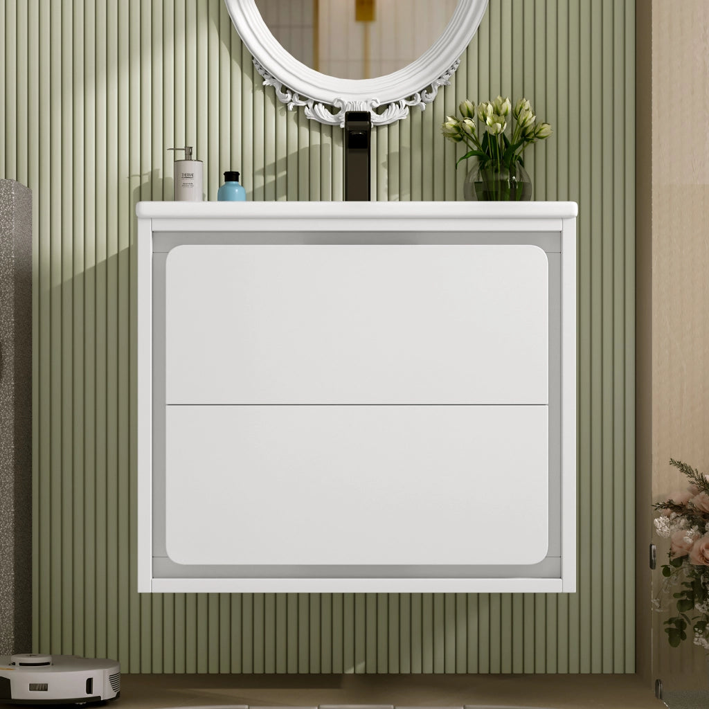 Mobile bagno sospeso con 2 cassetti; LED con sensore radar e lavabo in ceramica; MDF bianco 60 × 46 × 50 cm