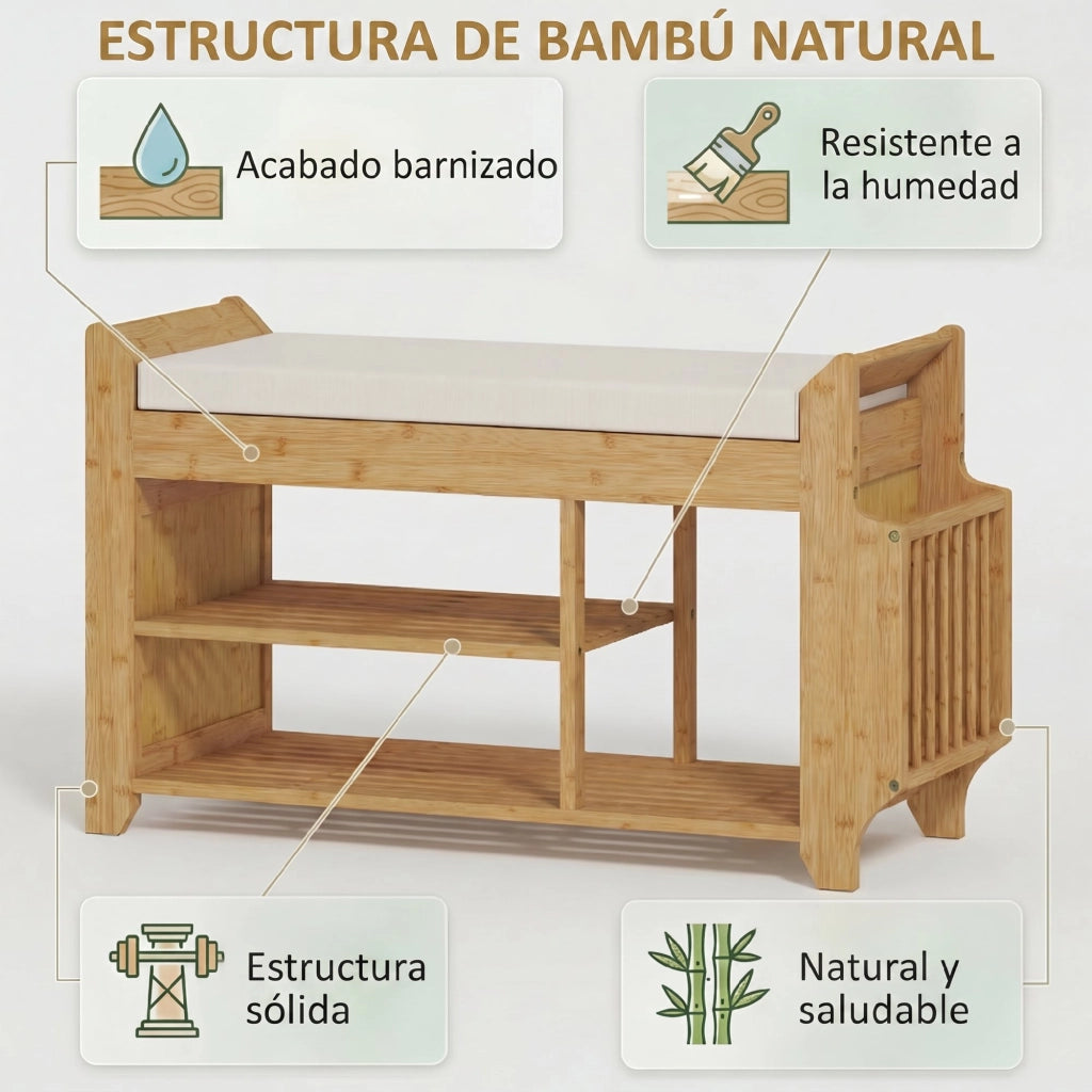 Cassettiera con seduta imbottita e scaffale ¨C zephmum ¨C 80x30x50 cm naturale bamb¨´