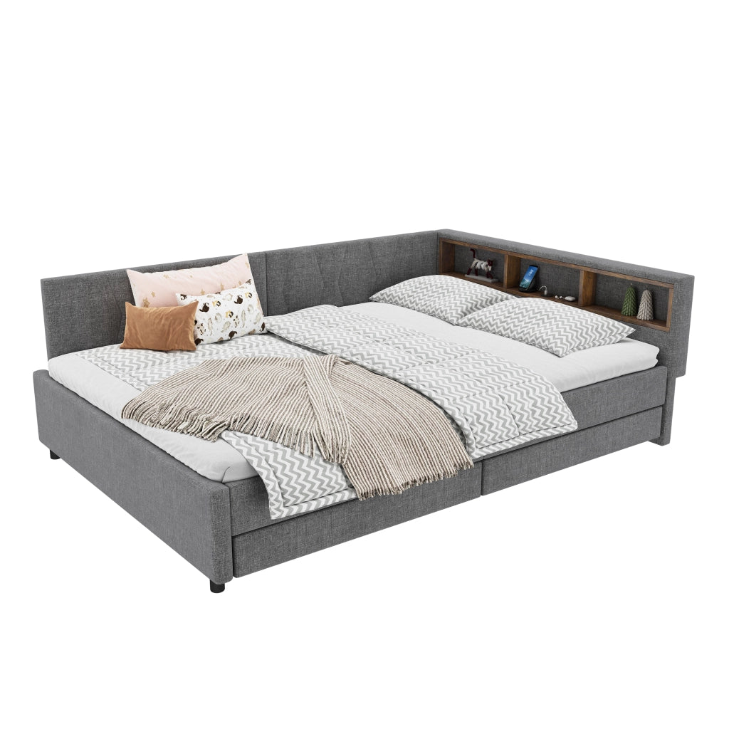 Divano letto con 2 cassetti; porte USB e Tipo-C; LED ambientali e doghe; lino grigio; 140x200 cm; senza materasso