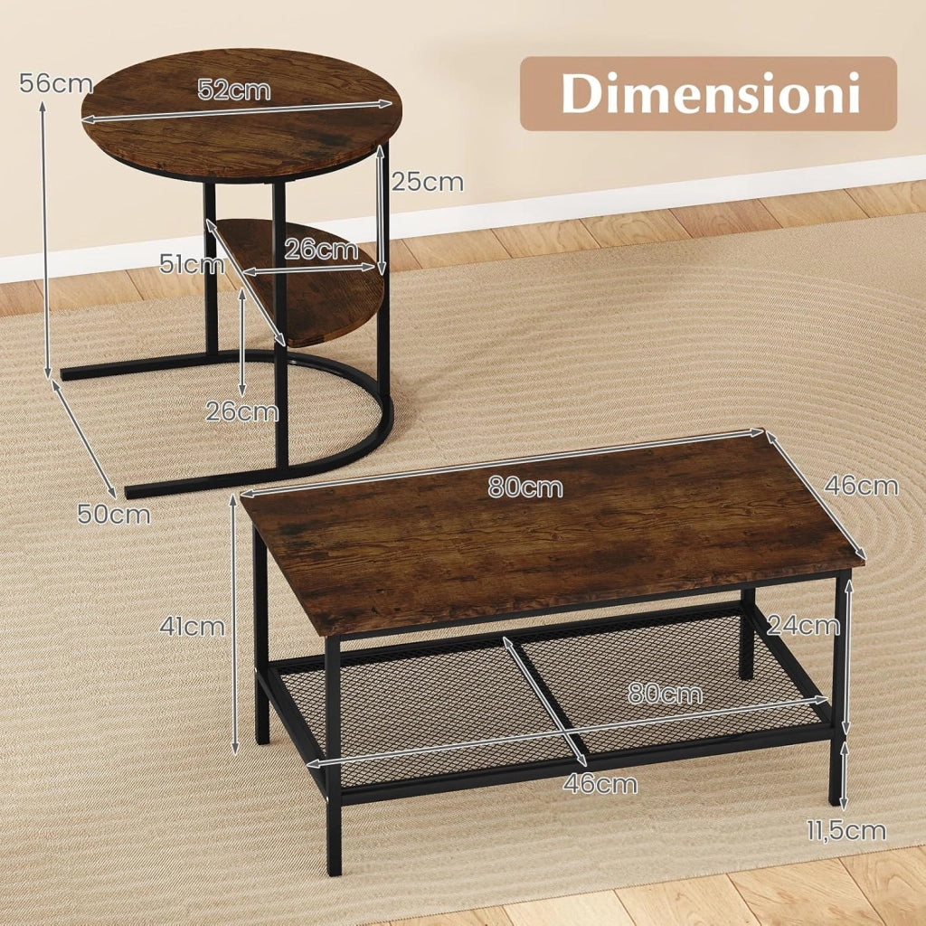 Set di Tavolini da Caffè Componibili, 2 in 1 Set di Tavoli Rimovibili con Piano in Marmo Sintetico, Tavolino Rotondo e Tavolino Rettangolare per Salotto e Camera da Letto (Nero) (Marrone)