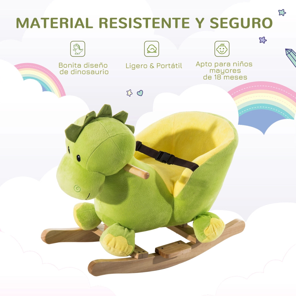 Dondolo dinosauro in tessuto per bambini 18-36 mesi ¨C Xylo ¨C con suoni, cintura di sicurezza, 60x33x45 cm verde