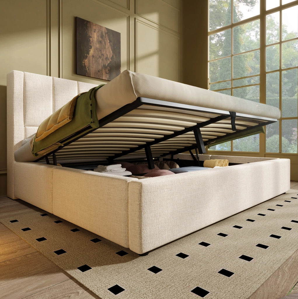 Letto imbottito 140x200 cm con contenitore, presa USB e portabicchieri