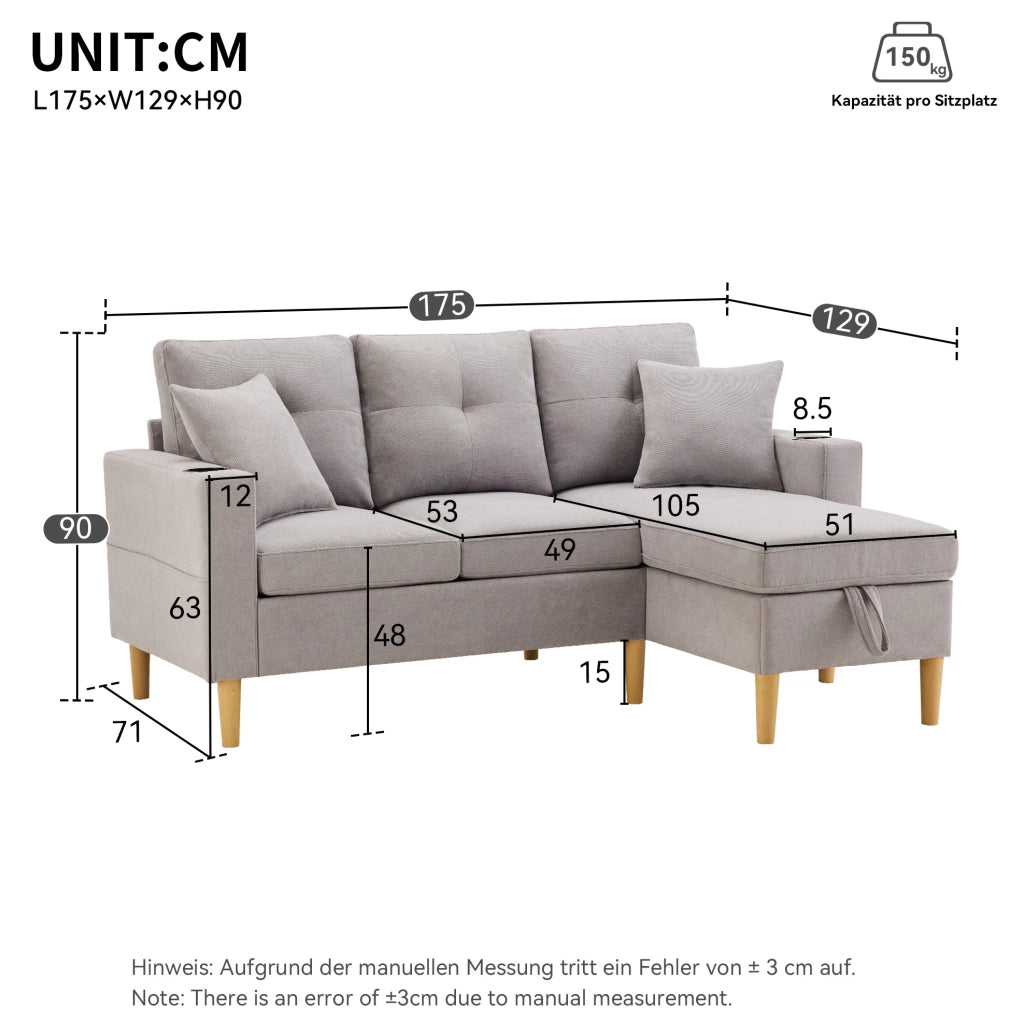 Sofa angolare moderno a L con chaise longue, 3 posti, contenitore e 2 cuscini, grigio chiaro