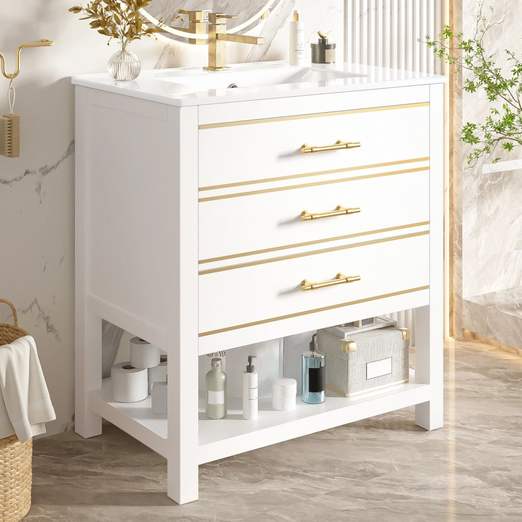 Mobile lavabo da bagno freestanding con 2 cassetti; 76 cm; MDF bianco e dettagli dorati