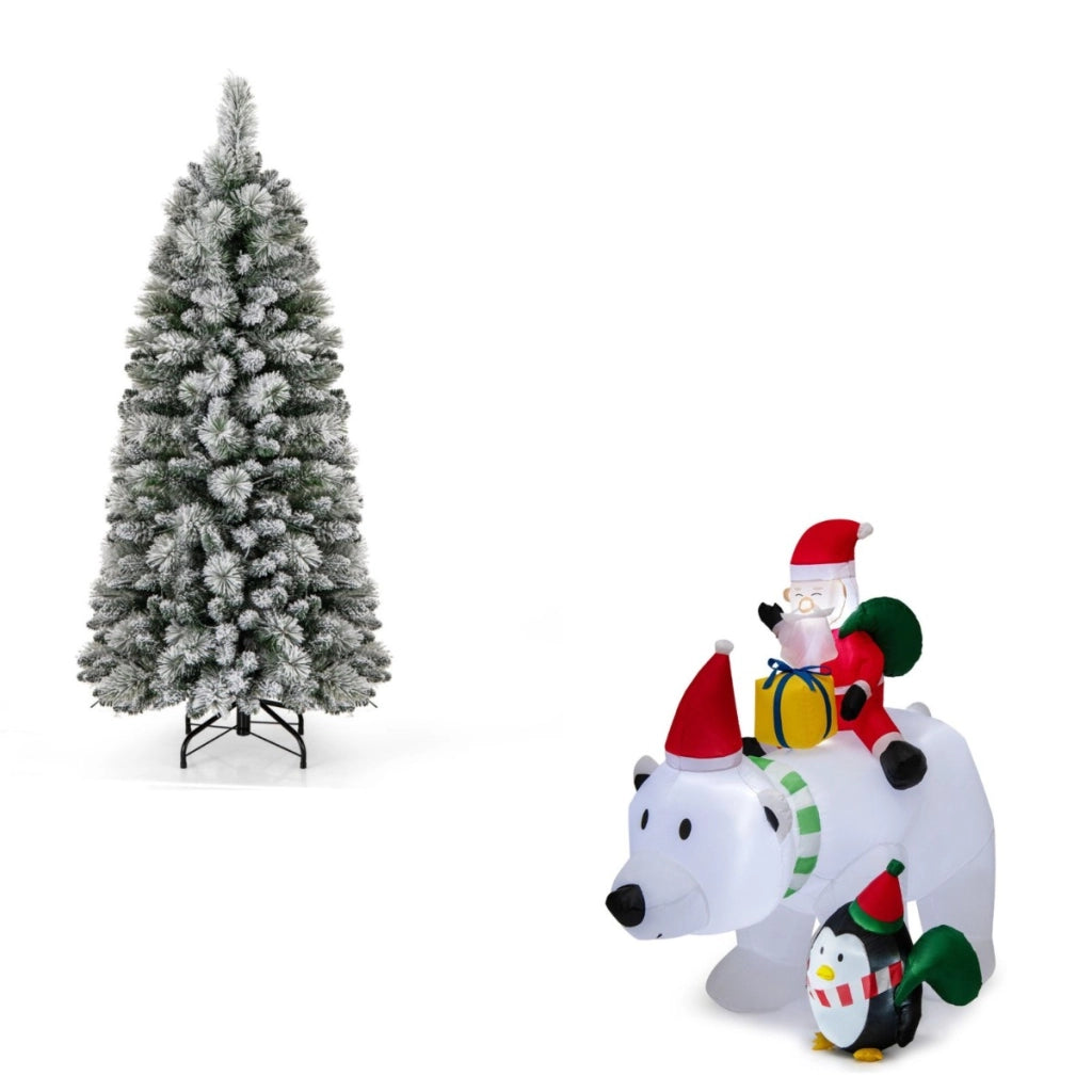 Albero artificiale aghi pino led e babbo natale gonfiabile orso, Albero natale pieghevole bianco caldo e gonfiabile di natale-Natale
