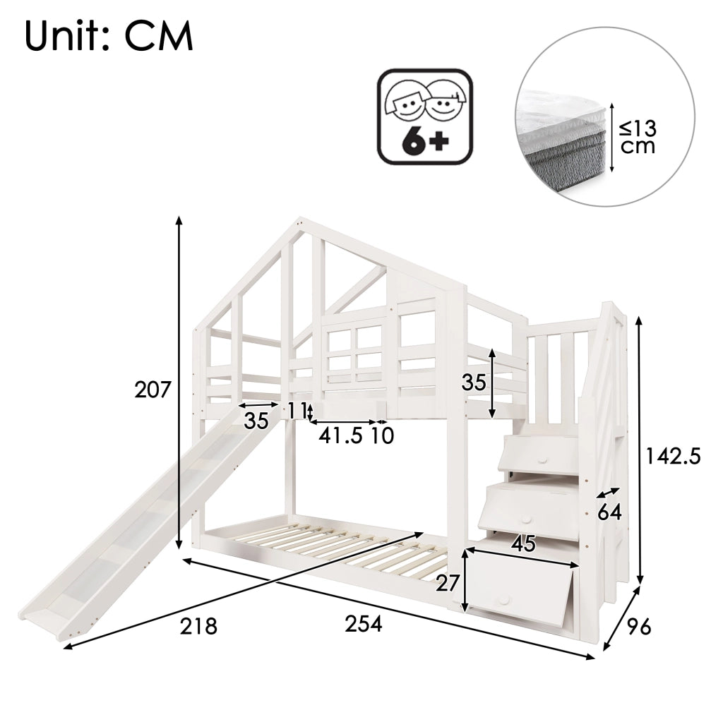 Letto a castello per bambini a casetta con scivolo 90x200 cm in legno massello e MDF; bianco