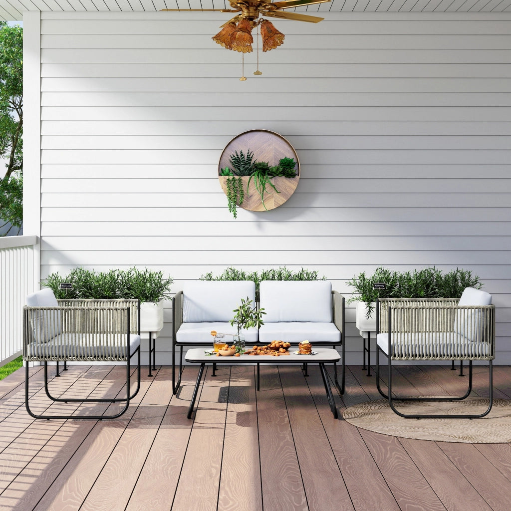 Set da Giardino Rattan con Divanetto 2 Posti, 2 Poltrone e Tavolino in Vetro, Cuscini Sfoderabili, Grigio
