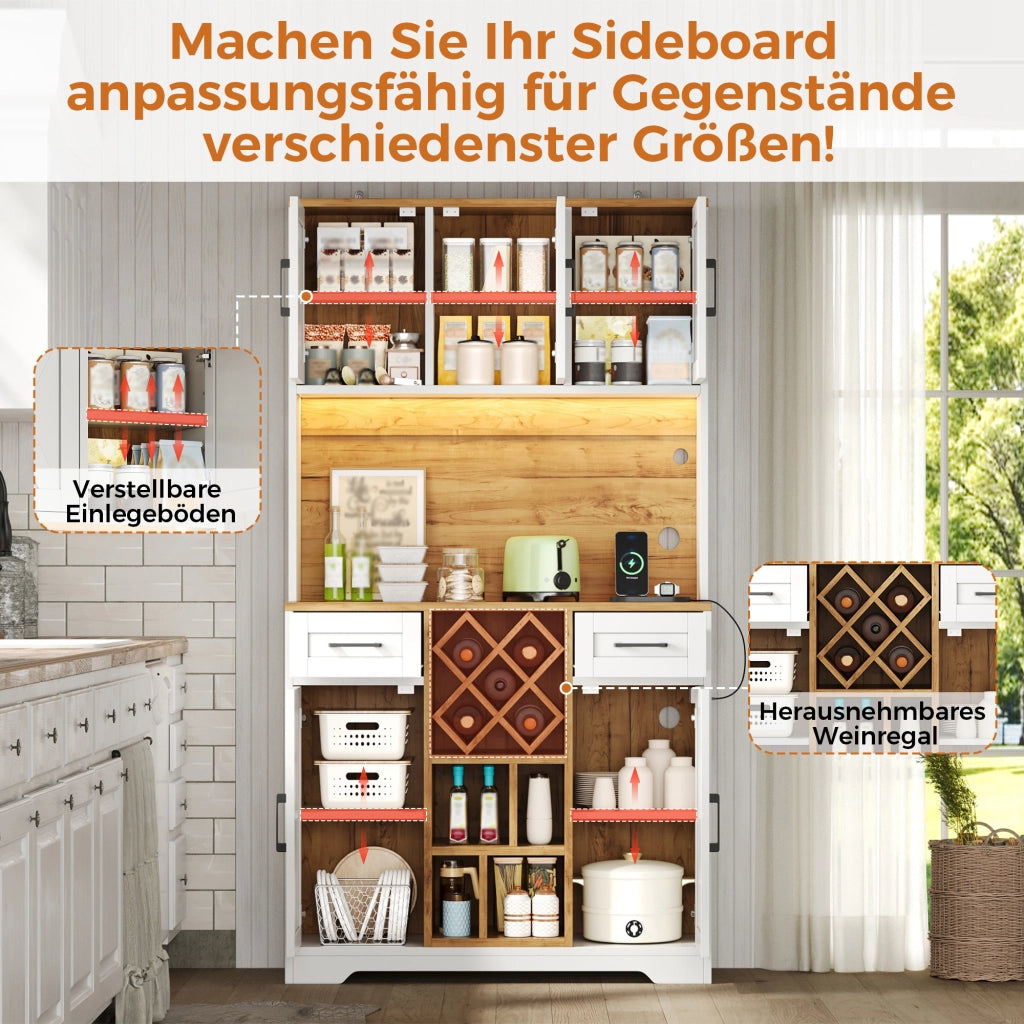 Credenza alta da cucina con LED, 2 cassetti, vani aperti, portabottiglie e prese, per cucina e soggiorno 105 × 40 × 180 cm