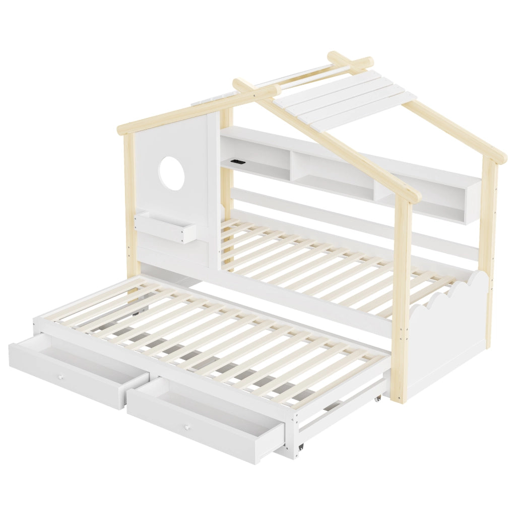 Letto 90200 bianco+legno letto extra 90190 design della casa cassetti USB+Type-C+LED mensole