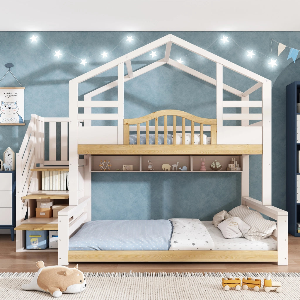 LETTO A CASTELLO 90x200/140x200 cm Bianco e Legno con scala-armadio