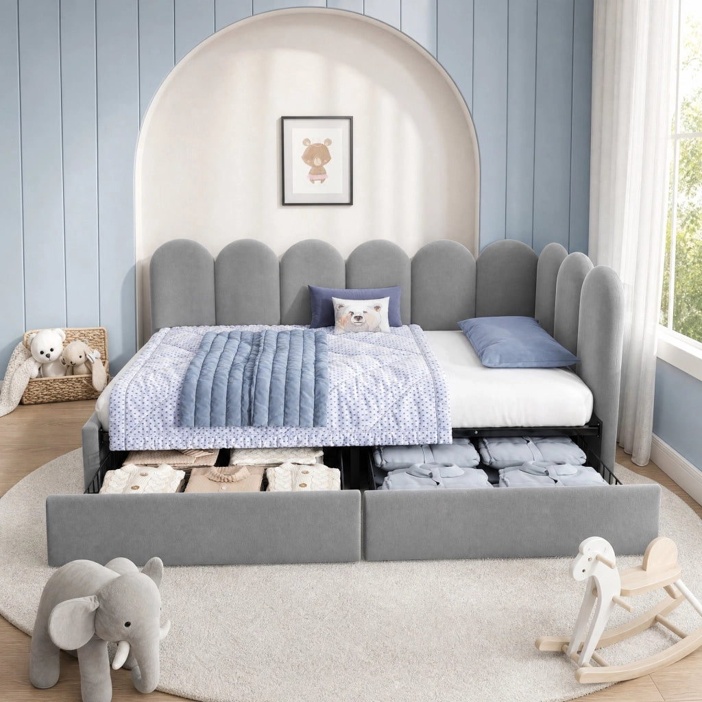 Letto singolo imbottito 90x200 cm in velluto grigio con 2 cassetti, rete a doghe e schienale