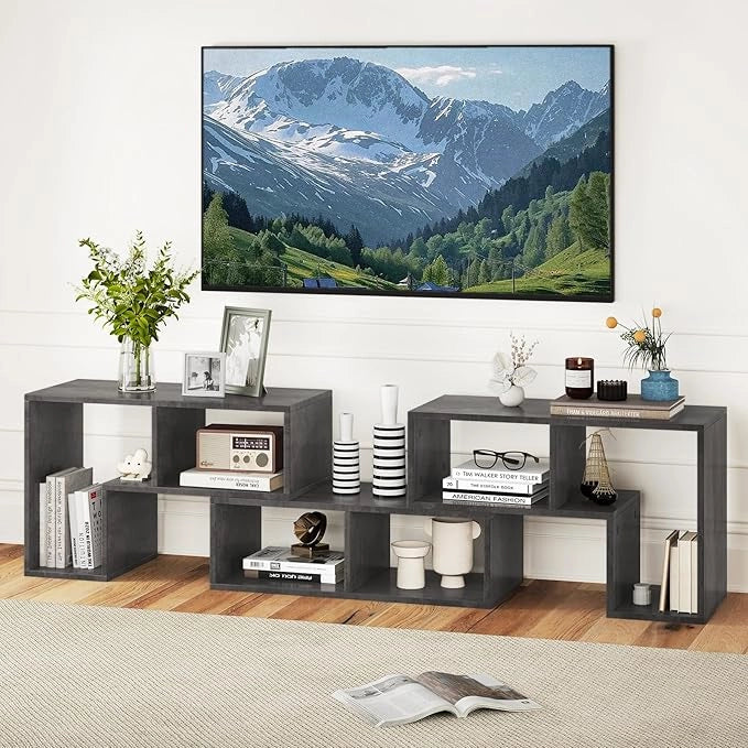 Mobile Porta TV Combinabile con Ripiani Aperti, per TV Fino a 65 Pollici, Mobile TV di Legno per Camera da Letto, Soggiorno, Capacità di Carico Massima 80 kg, 134-180 x 30 x 43 cm (Grigio)
