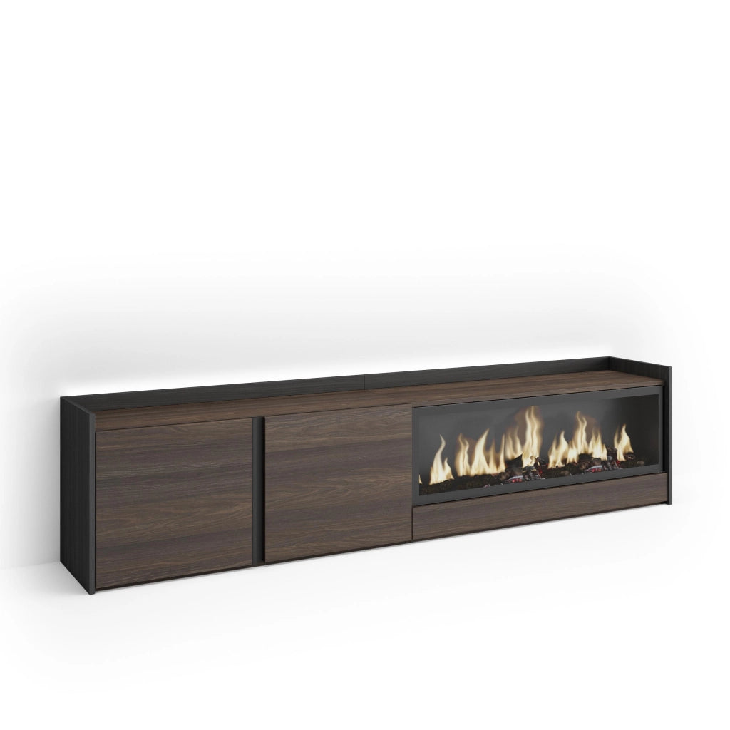 Mobile TV Soggiorno, 212x50x35 cm, Per TV fino a 80", Camino elettrico XXL, LED, Rovere scuro e Nero