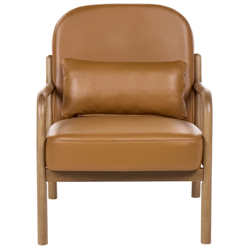 Poltrona in pelle marrone dorato con struttura in legno stile Mid-Century e Moderno