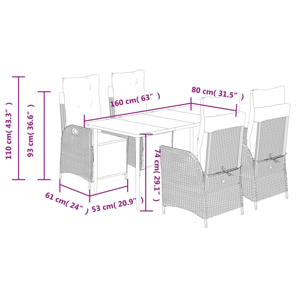 Set da Pranzo da Giardino 5 pz Nero con Cuscini in Polyrattan 3213381