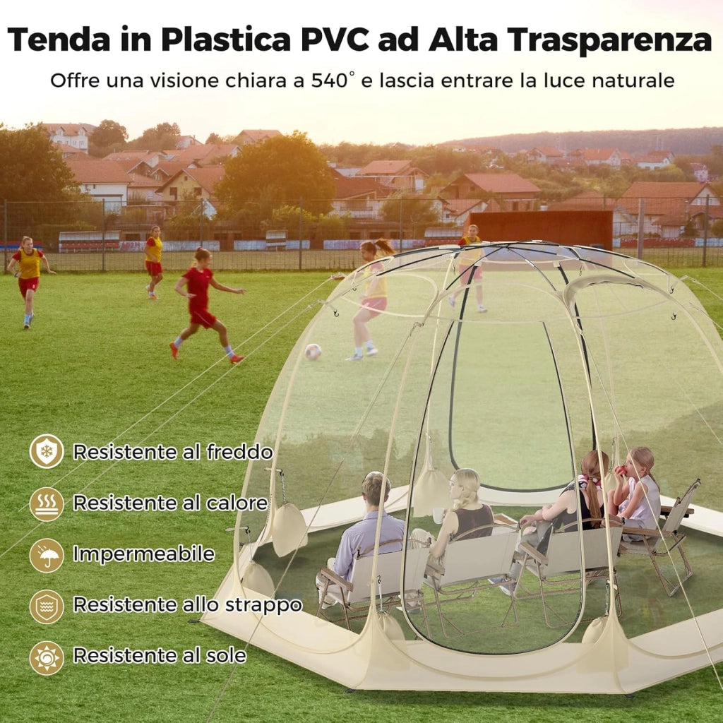 Tenda a Bolle Pop Up, Tenda da Campeggio Trasparente per 5-6 Persone, Antivento e Impermeabile, Igloo Portatile da Giardino in PVC, per Pesca, Spiaggia, Eventi Sportivi e Attività all’Aperto