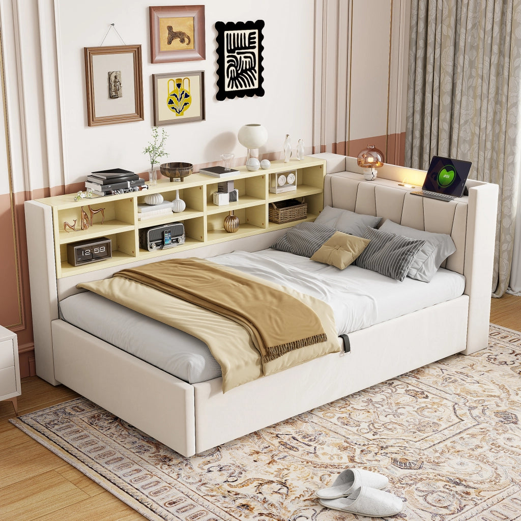 Letto imbottito con funzione divano letto in velluto beige 90x200 cm