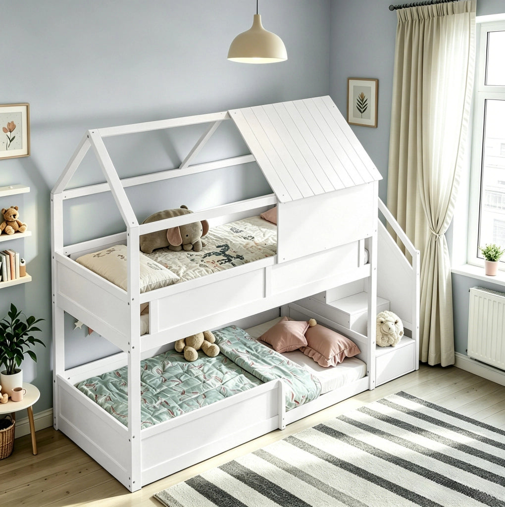 Letto a castello in legno massello con scala laterale e design con tetto; bianco