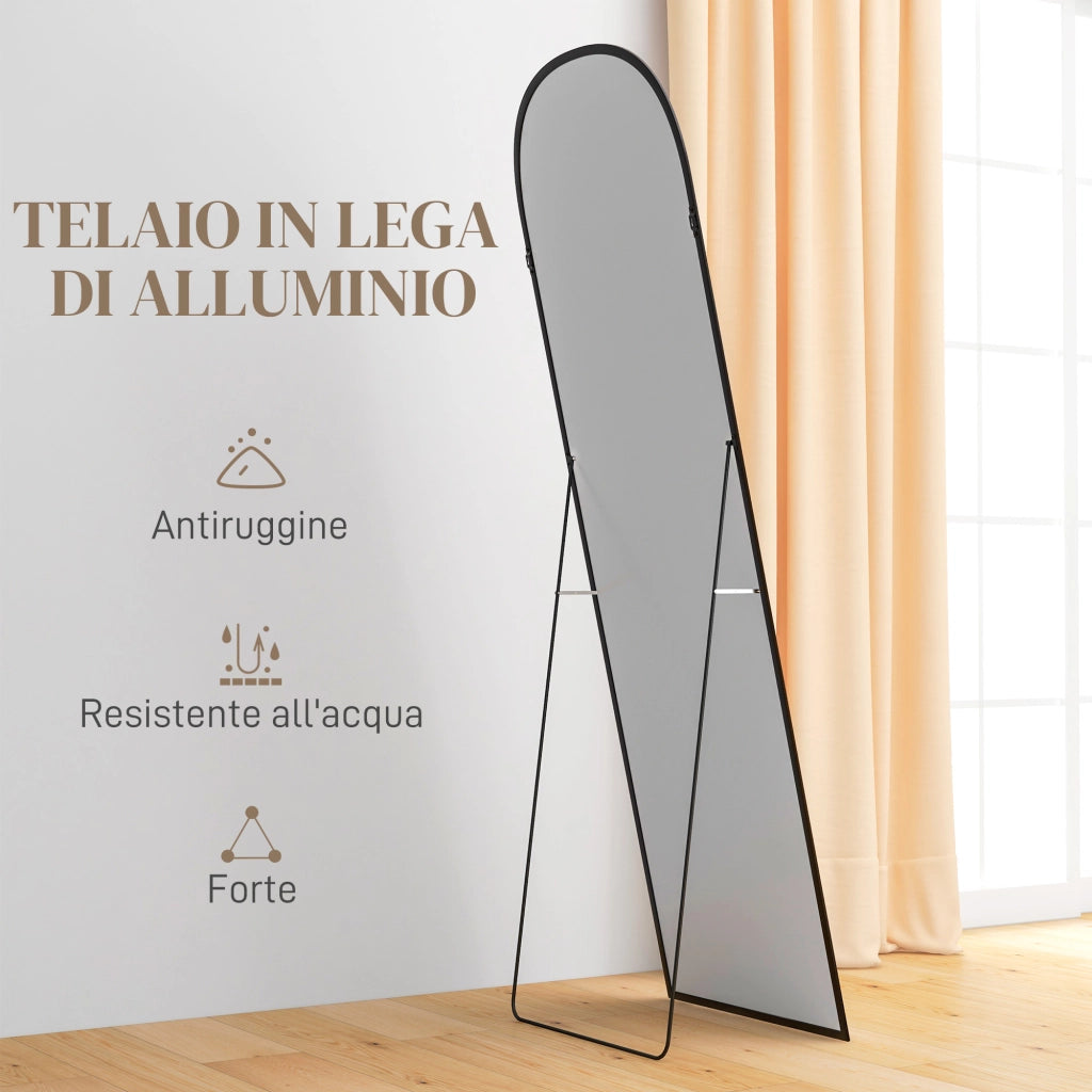 Specchio da Terra e Parete Moderno in Lega di Alluminio con Supporto Pieghevole, 50x161.5cm, Nero
