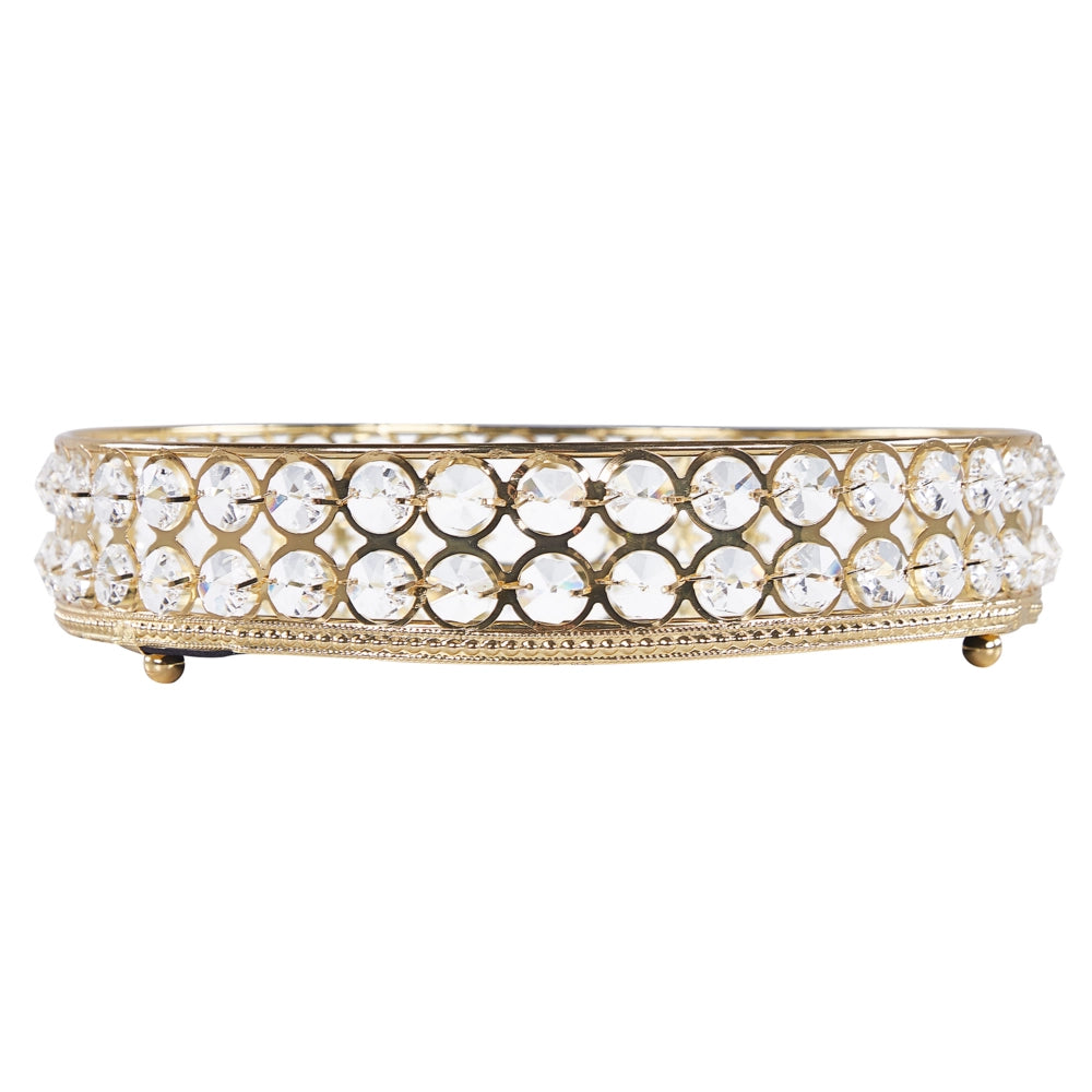 Vassoio decorativo in ferro dorato e vetro specchiato rotondo con strass da tavolo con i glamour