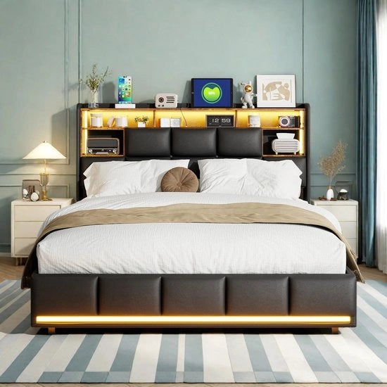 Letto a due posti 140x190cm con illuminazione LED, 140/160x200cm letto di ricarica idraulico 140/160x200cm, pannello di testata in legno