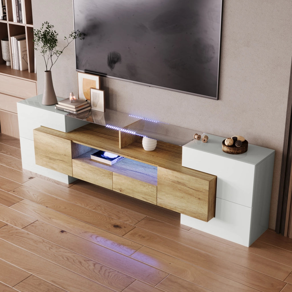 Mobile TV con LED ¨C MINIMAL ¨C Bianco Lucido, Vetro, 200 cm, Soggiorno
