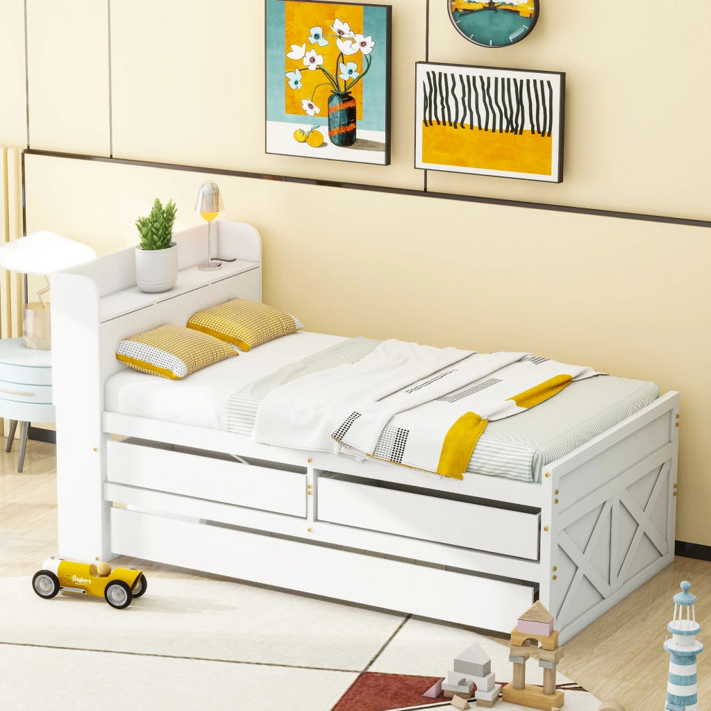 LETTO 90x190 cm in legno massello bianco con 2 cassetti, letto estraibile, USB