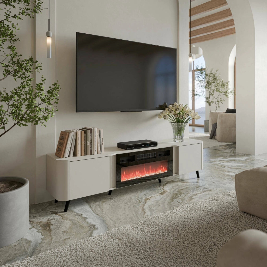 Mobile porta TV Vicino, Madia da salotto con due ante battenti e camino elettrico, Rialzato da terra, 191x40 h58 cm, Beige