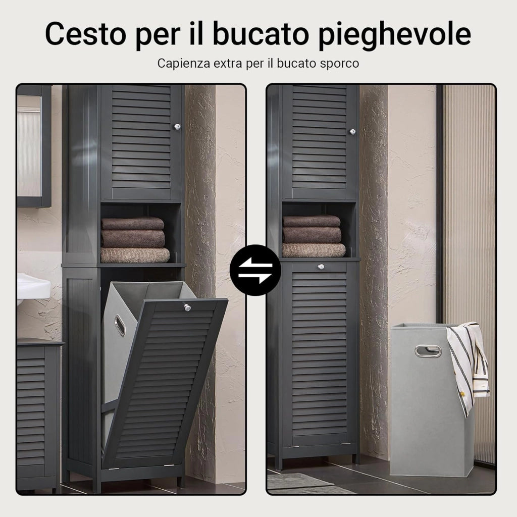 Mobile Bagno Colonna Salvaspazio con Portabiancheria Armadietto Alto e Stretto per Ambienti Compatti, Mobiletto con Ripiani, Mobile Multiuso Grigio 40x170x38 cm BZR124-DG