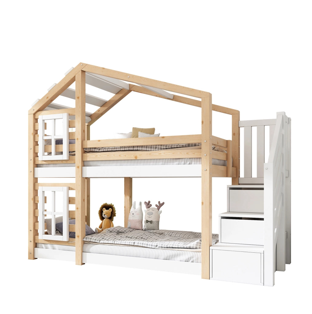 Letto a castello 90x200 cm con contenitore; casetta sull'albero; legno e MDF naturale e bianco