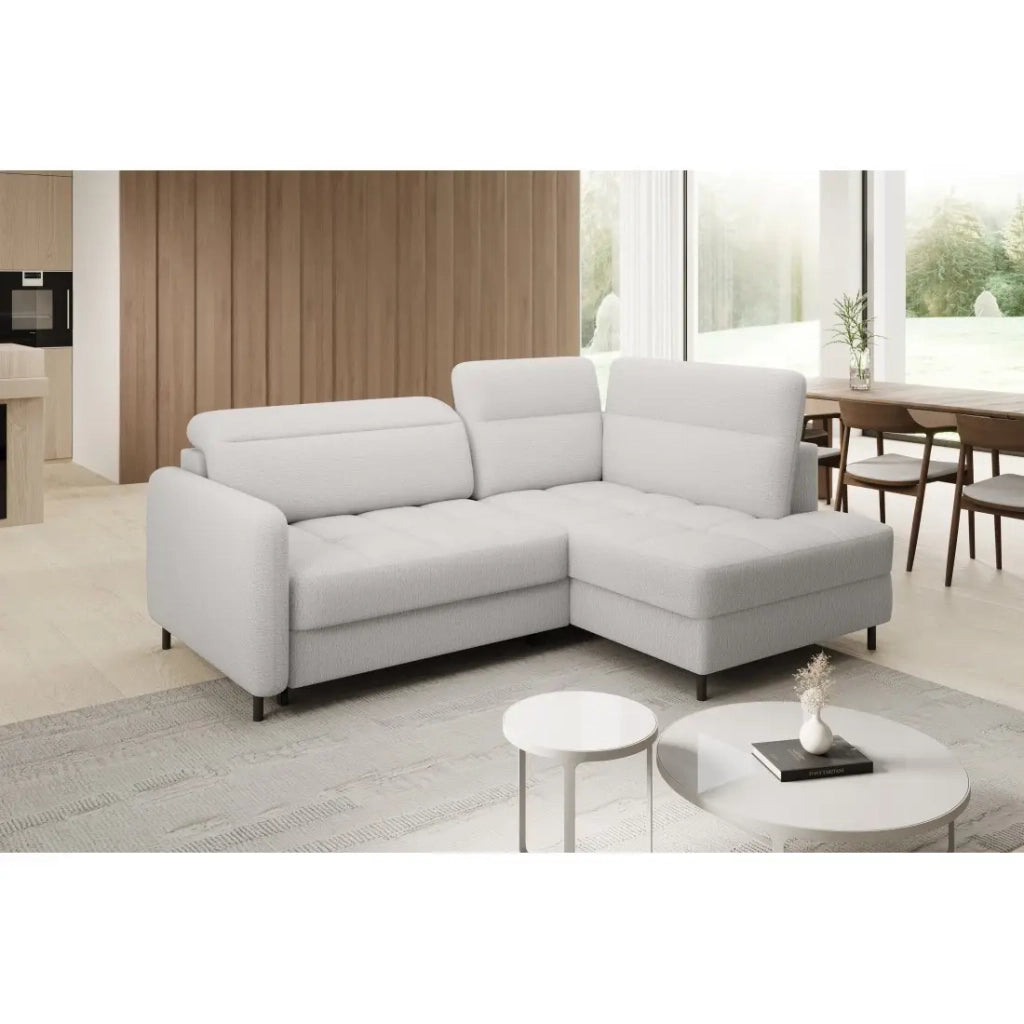 Divano ad angolo destro convertibile BARNEA 208 cm bianco chenille con contenitore