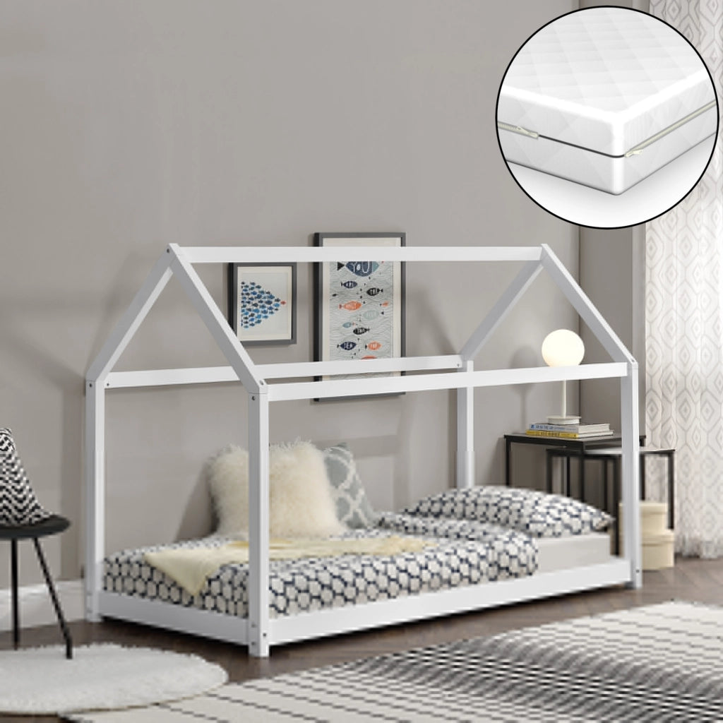 Letto per Bambino a Forma di Casetta con Materasso Ipoallergenico a Schiuma Fredda 80x160 cm Struttura in Legno in Stile Montessori - Bianco