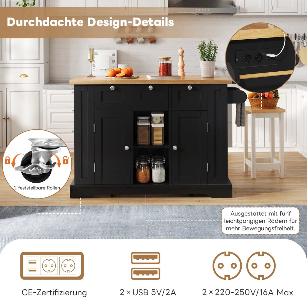 Isola cucina mobile con piano estensibile, prese USB e ruote