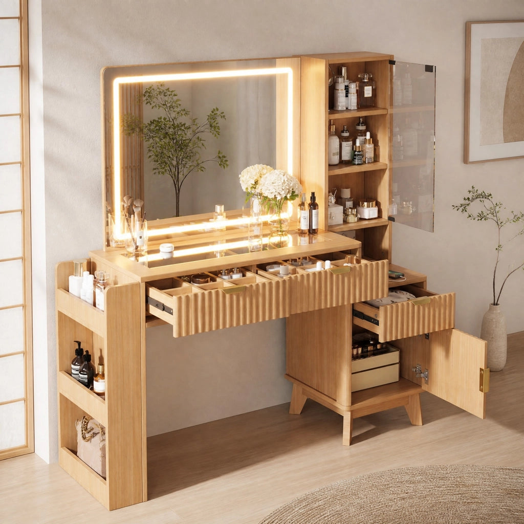 Toeletta con specchio LED, prese elettriche USB e USB-C, 3 cassetti e vani laterali, 133x136x40 cm, Natural
