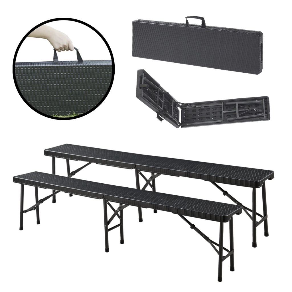 Set di 2 Panche Pieghevoli Mark 180 x 25 x 43 cm Nero Effetto Rattan [en.casa]