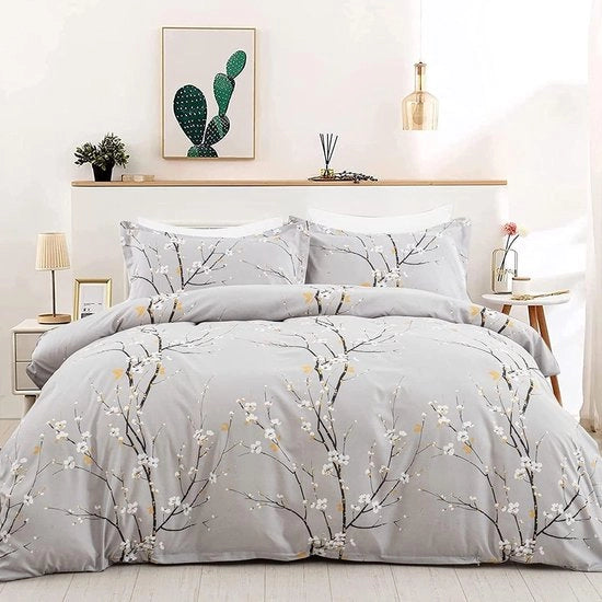 Set di lenzuola da letto 3 pezzi, 220 x 240 cm, grigio chiaro, prugna, foglia, set di lenzuola da letto, 100% microfibra, lenzuola morbide per ragazze, copriletto con chiusura a lampo e 2
