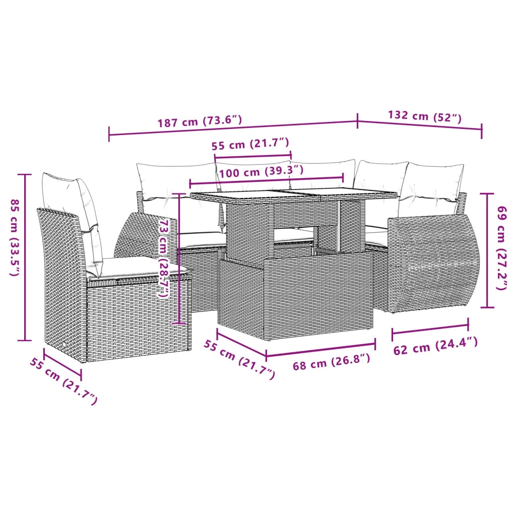 Set Divano da Giardino 6 pz con Cuscini Nero in Polyrattan 3268536