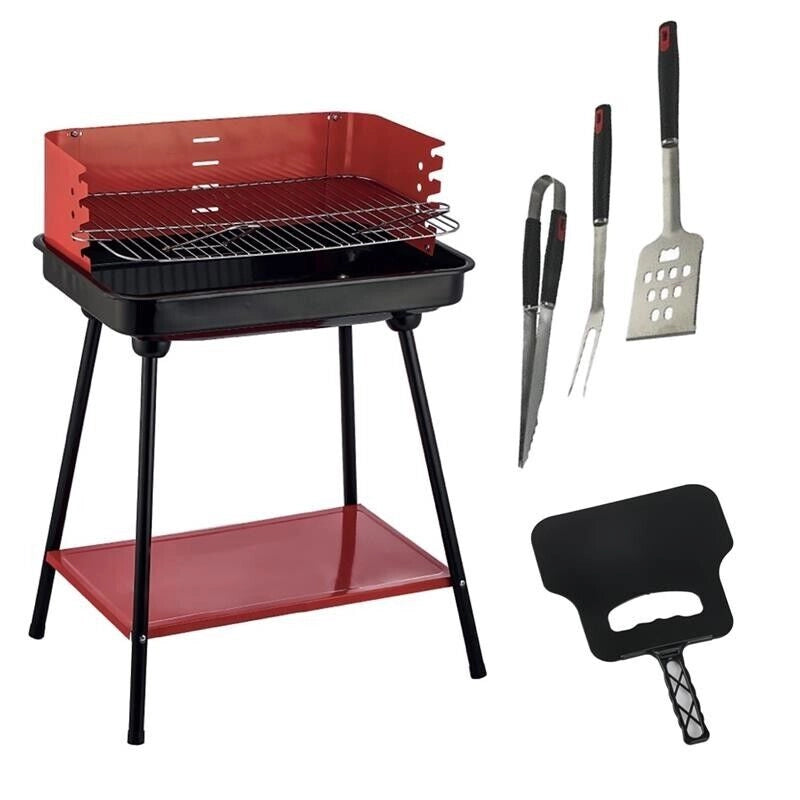 MAURY'S SET BARBECUE RETTANGOLARE CON RIPIANO 58X38X82H CM + VENTAGLIO ASSORTITO DA 32 CM + GRILL SET 3 UTENSILI 43 CM