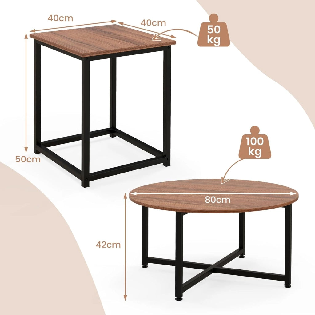 Set di Tavolini da Caffè 3 Pezzi, Tavolino Rotondo e 2 Tavolini Quadrati con Struttura Metallica Robusta, Set di Tavoli da Salotto Moderni 3 Pezzi (Noce)