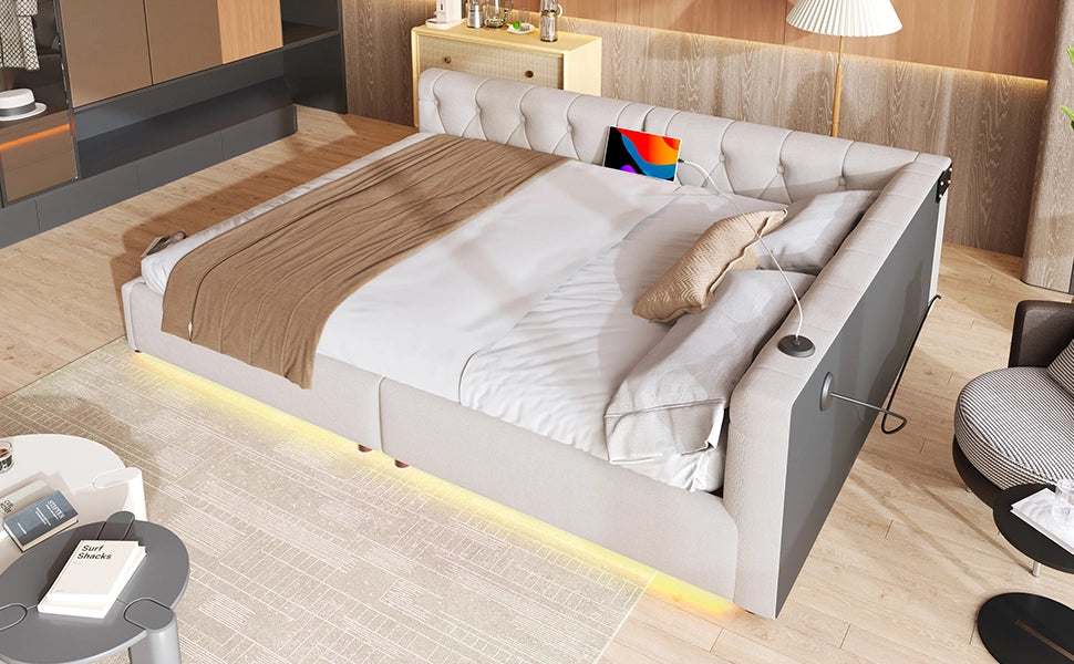 DESMIU Divano letto 140 × 200 cm 1 piazza con USB, Type-C, LED regolabile e senza materasso, in lino beige