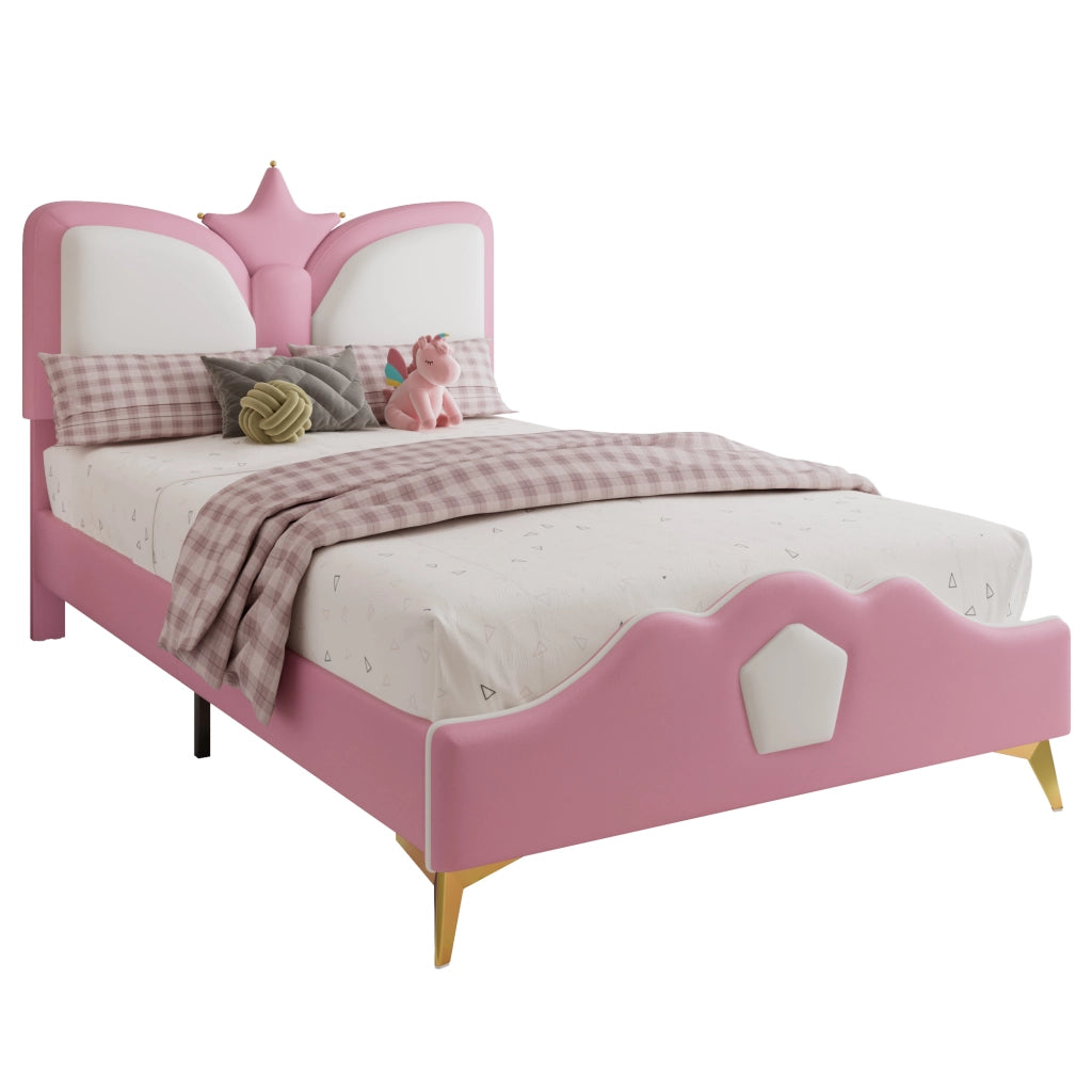Letto per bambini imbottito 90x200 cm in rosa e bianco, testiera a forma di corona, struttura in PU e ferro