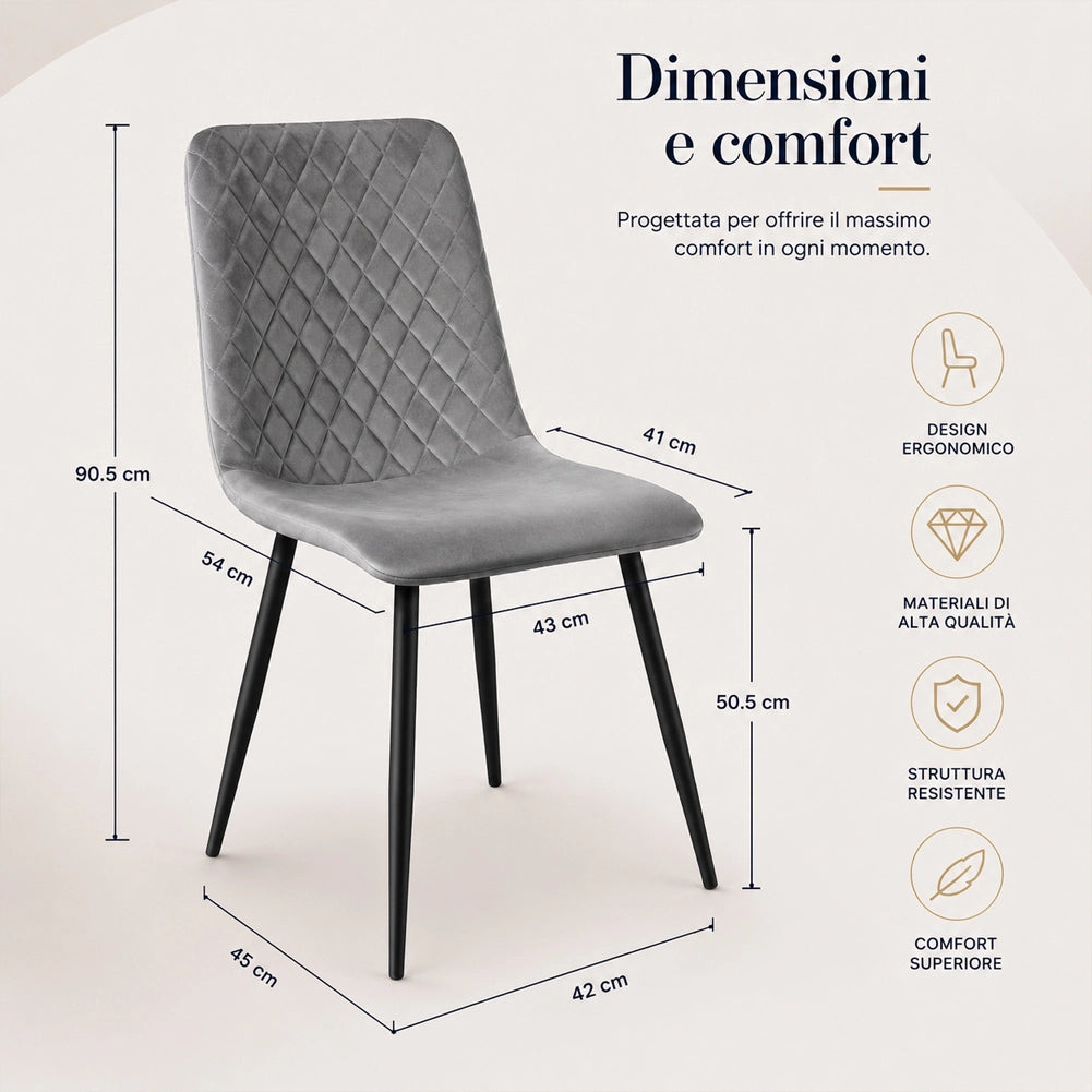 Set 4 Sedie Grigio Chiaro Rivestimento in Velluto e Piedi Neri Seduta Ergonomica