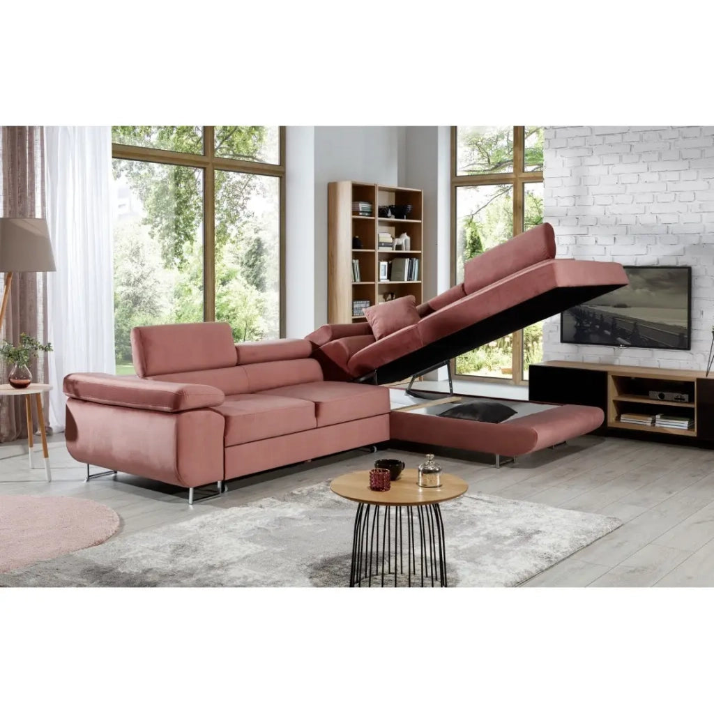 Divano ad angolo convertibile MENTON in velluto rosa - Angolo destro con contenitore
