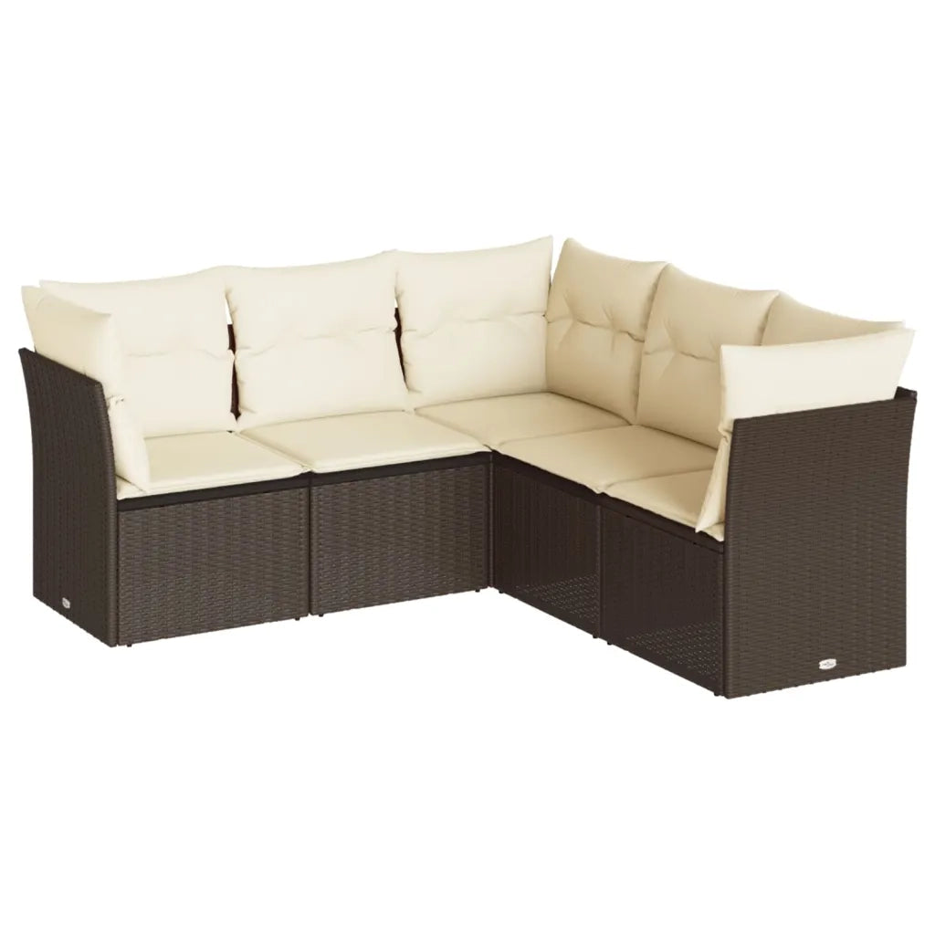 Set Divano da Giardino 5 pz | Set Salotto da Giardino con Cuscini Marrone in Polyrattan