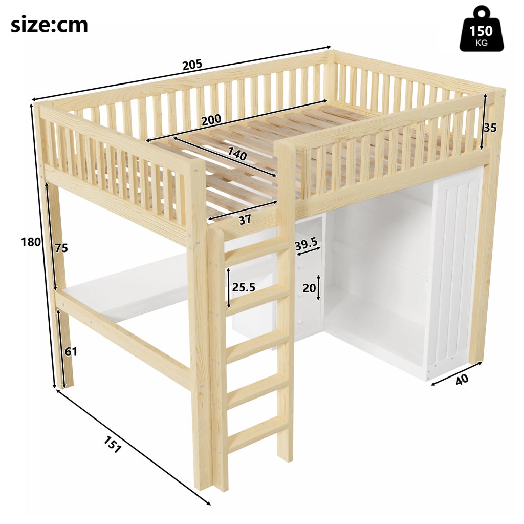 Letto a soppalco 140x200 cm con scrivania e armadio